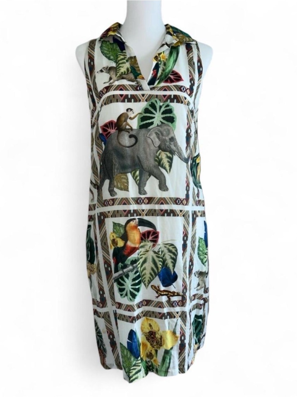 Vilagallo Tropical Safari Jungle Print Cotton Sleeveless Shift Dress Size 40